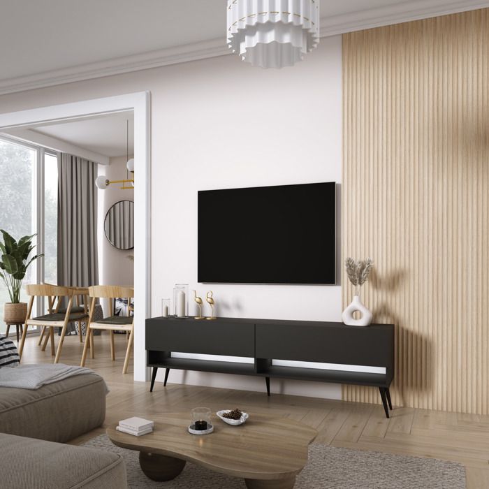 Mueble tv - negro mate - patas inclinadas - LED - 170 x 32 x 52 cm