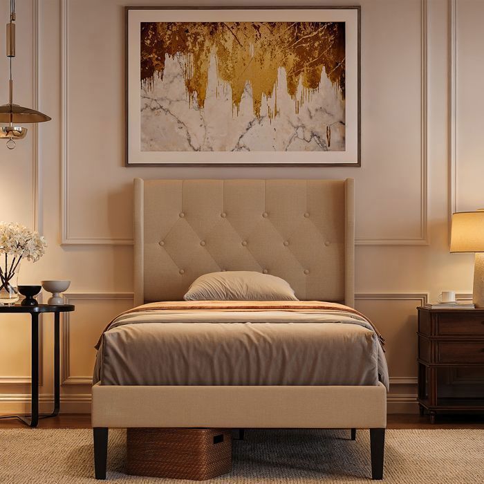 Estructura de cama tapizada beige - 1 plaza - 90 x 200 cm