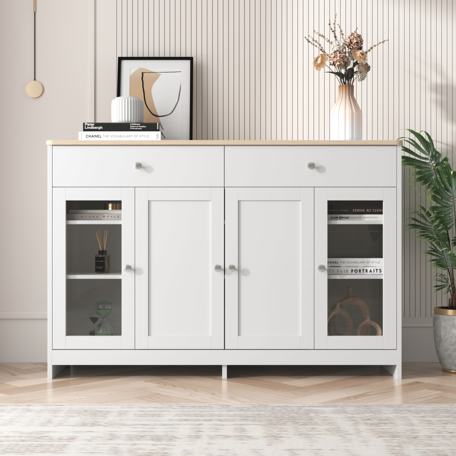 Aparador para salón comedor 4 puertas y 2 cajones blanco 80x120x37cm