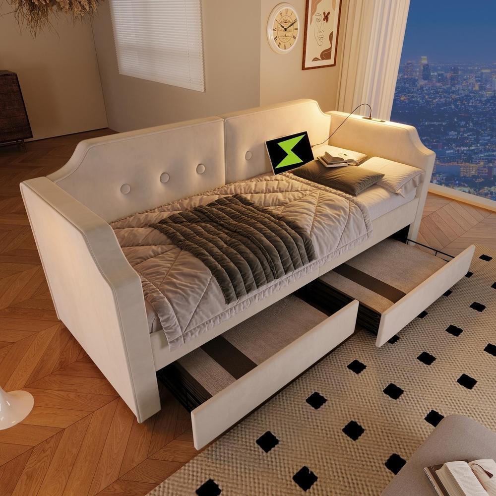 Cama 90x200cm beige con 2 cajones, usb-c y lámpara de lectura