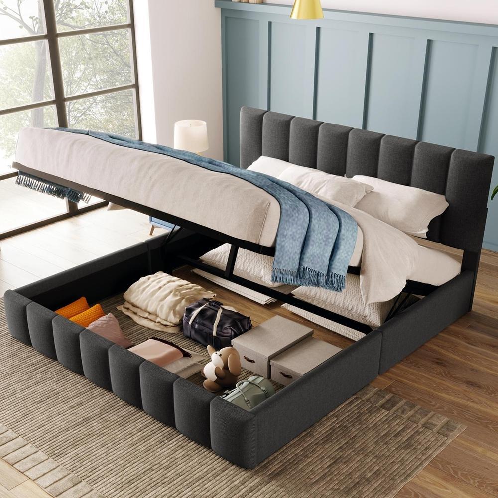Cama doble hidráulica 140x200cm, cabecero ajustable, almacenaje gris