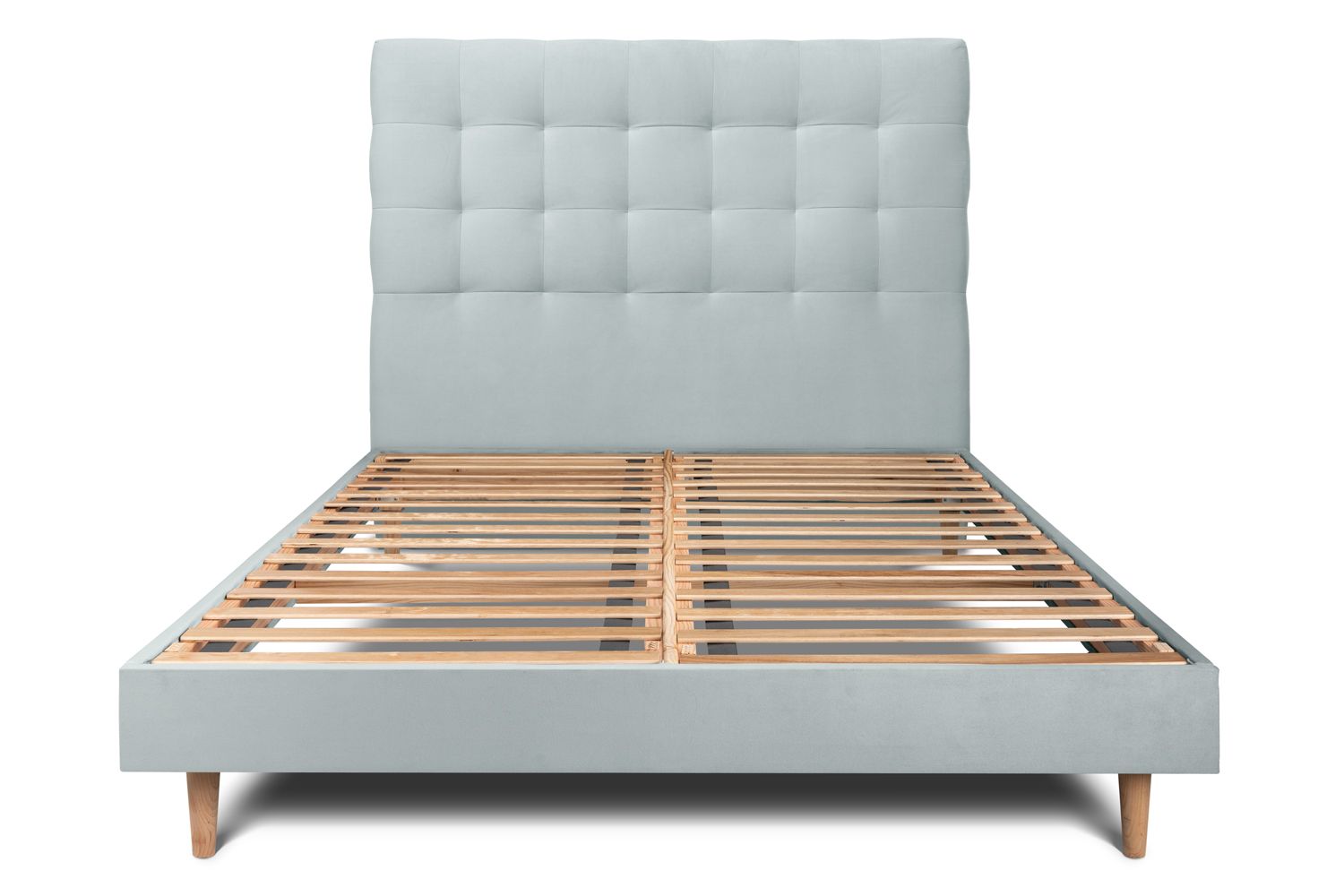 Cama de 135x190 cm con cabecero tapizado - tejido de terciopelo - gris azul