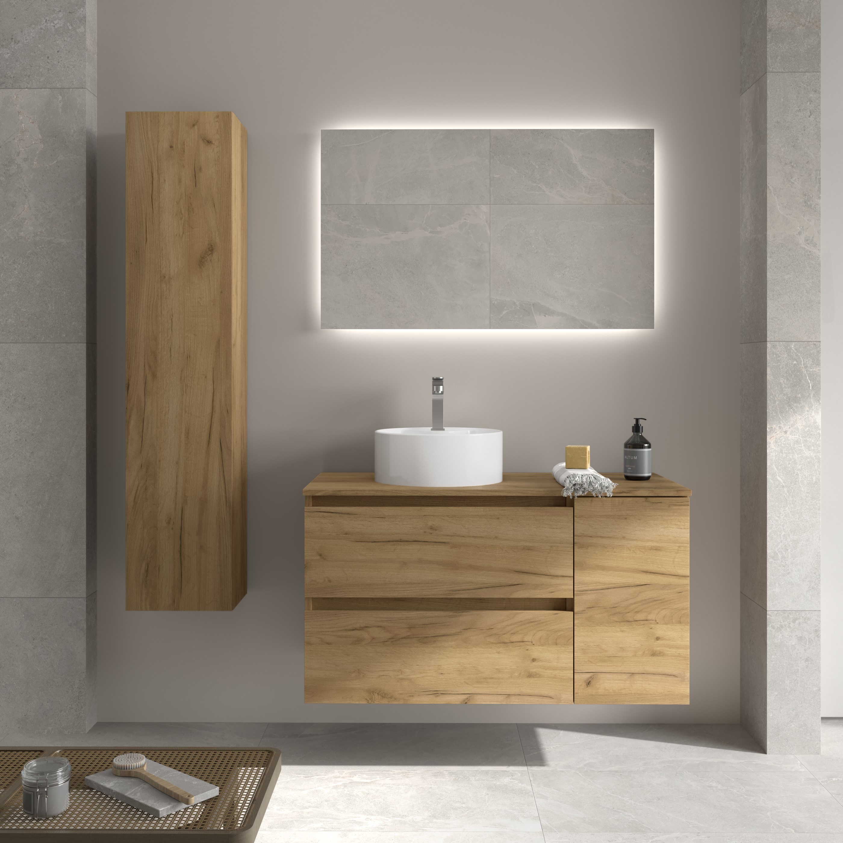 Mueble baño bequia 90cm + coqueta reversible + encimera + lavabo | roble