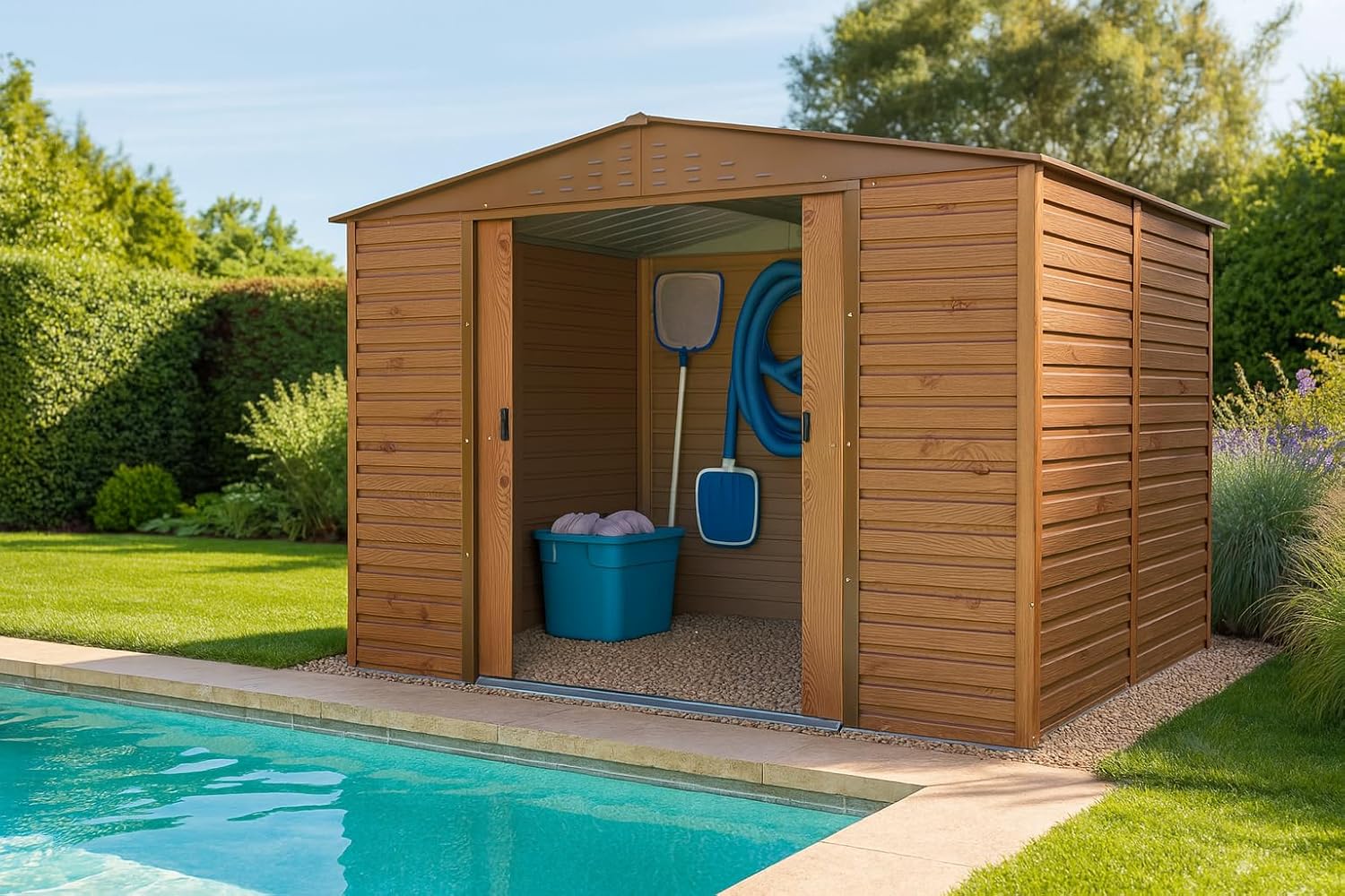Caseta cobertizo metal jardin alpine 10x8 imitacion madera duramax marron