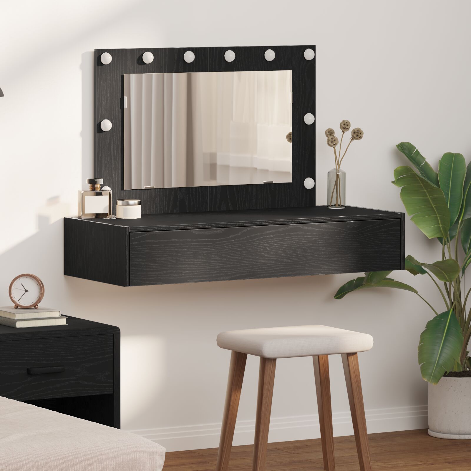 Mesa de tocador montada en la pared con luces LED en roble negro oif654370