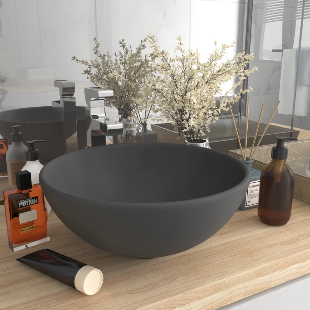 Lavabo de lujo redondo cerámica gris oscuro mate 32,5x14 cm es9413