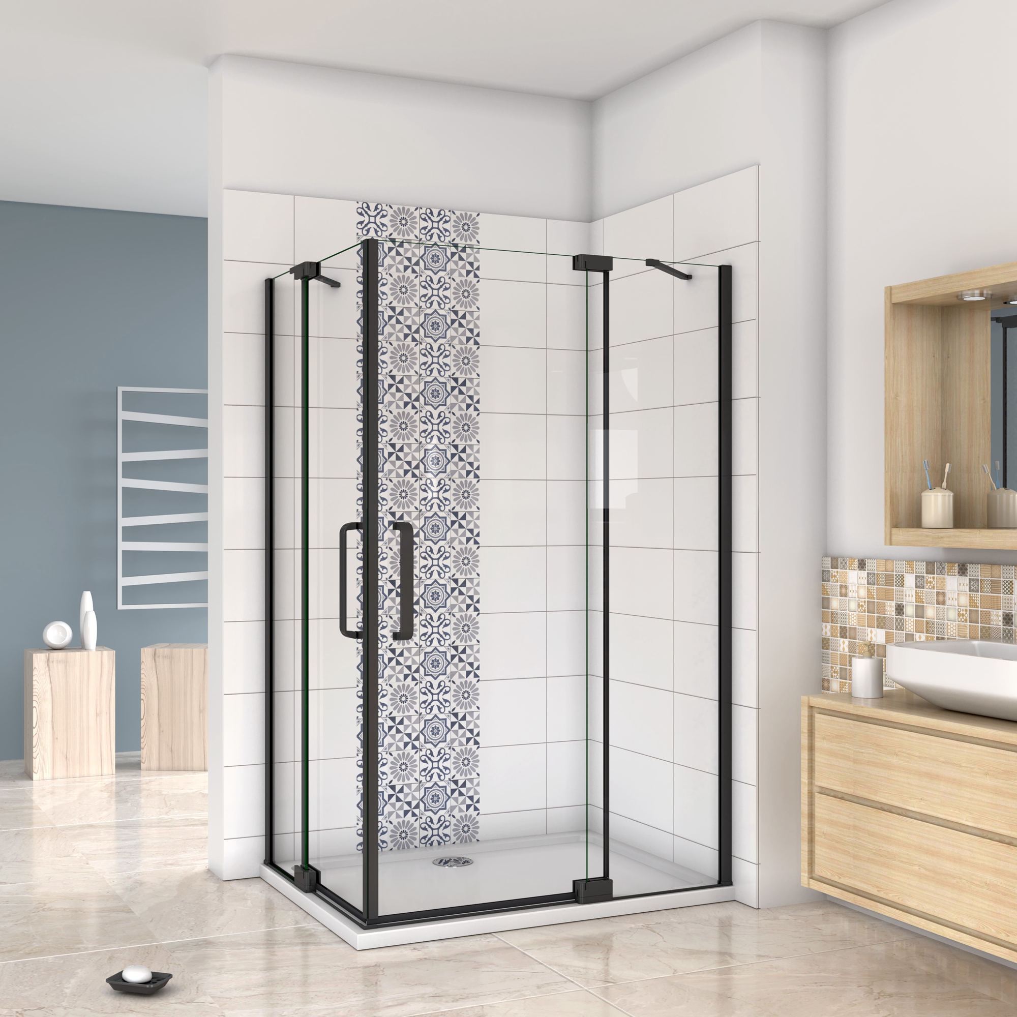 Mampara de ducha rectangular abatible+barra estabilizadora,1000x900x1950mm