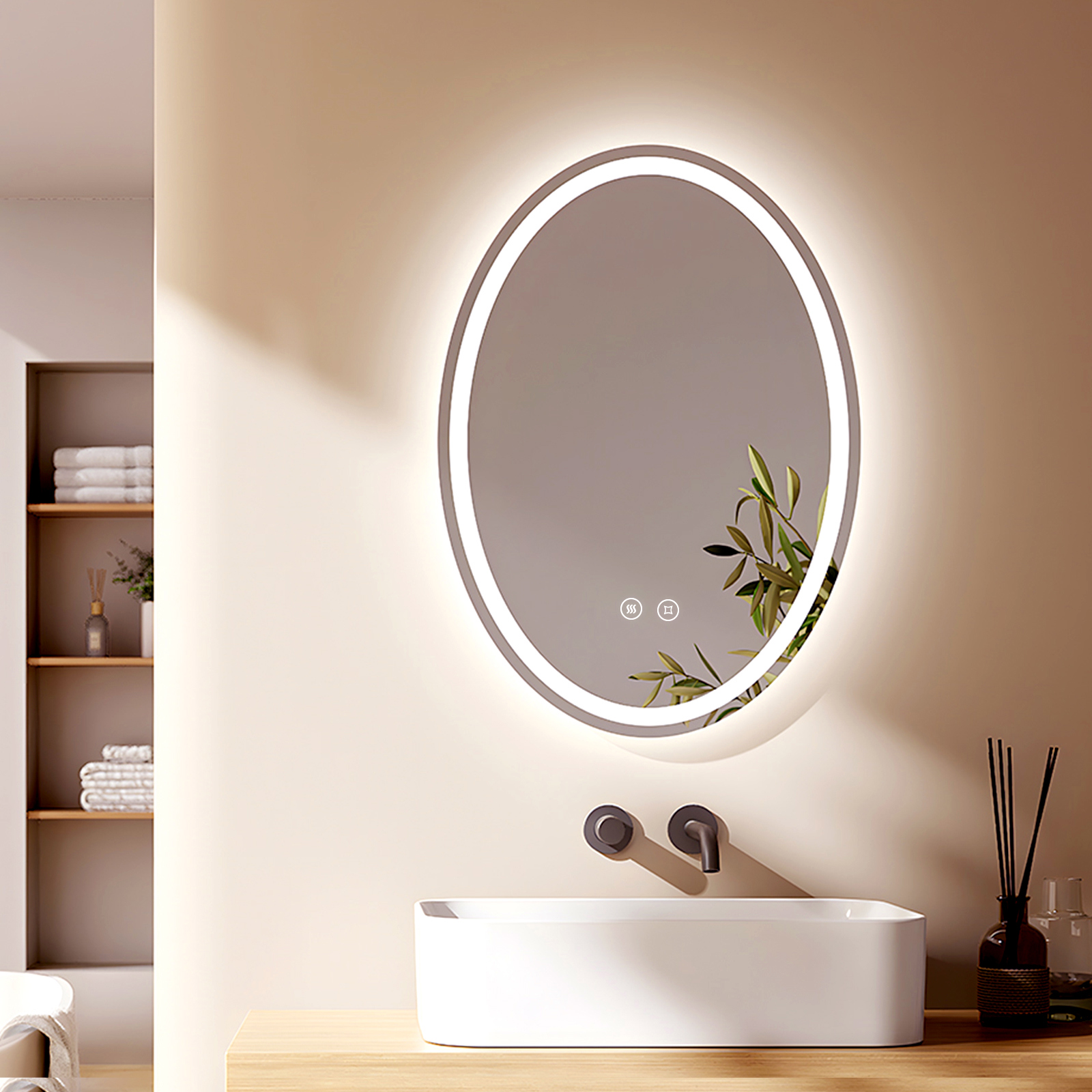 Emke espejo baño LED oval 50x70cm, 3 tonos luz, antivaho, memoria