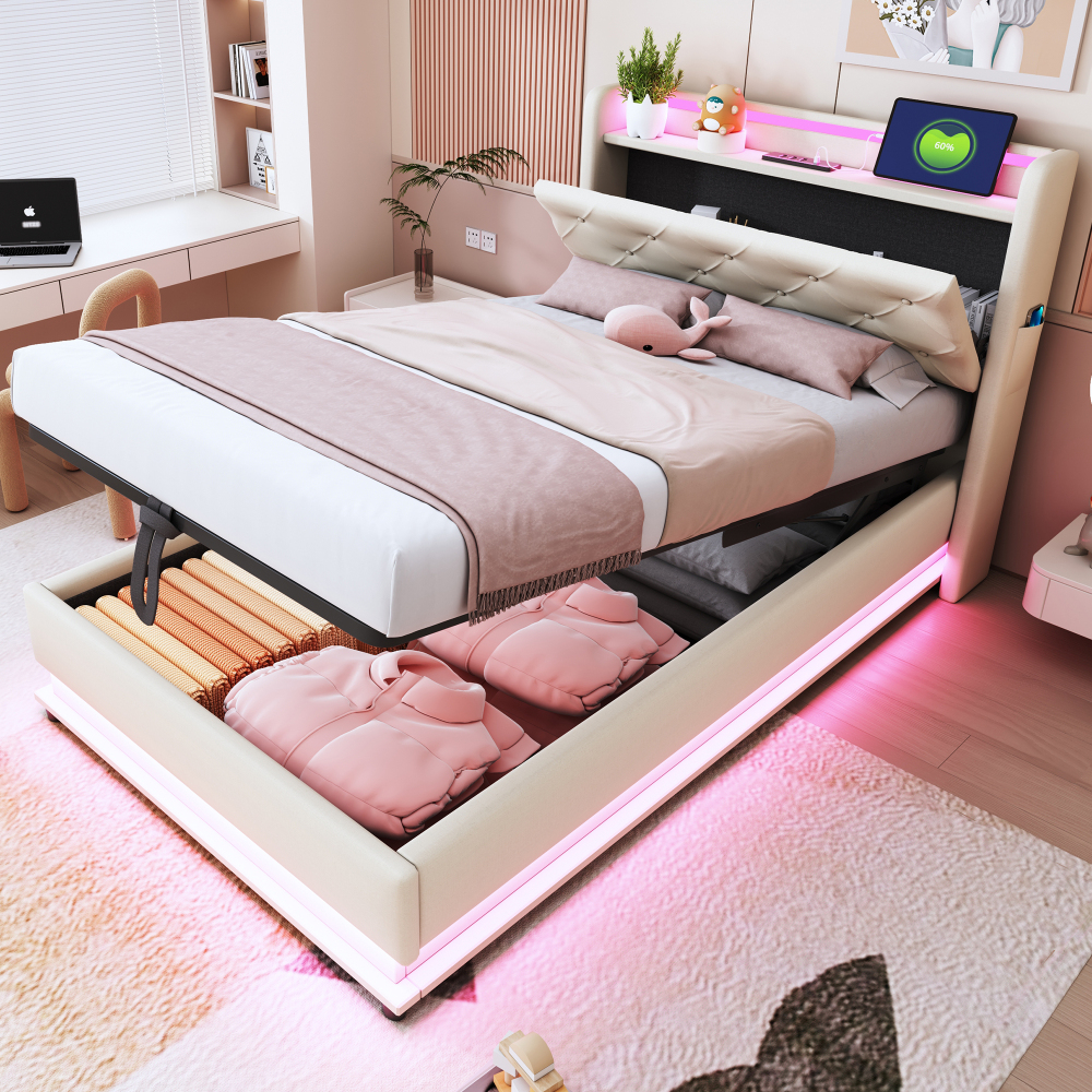 Cama tapizada 90x200cm con LED, usb y canapé hidráulico lino – color beige