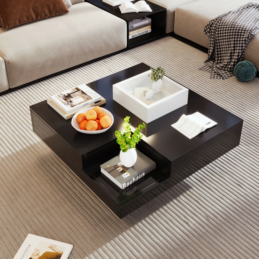 Mesa de centro con LED y caja de almacenaje extraíble negro 30x72x72cm
