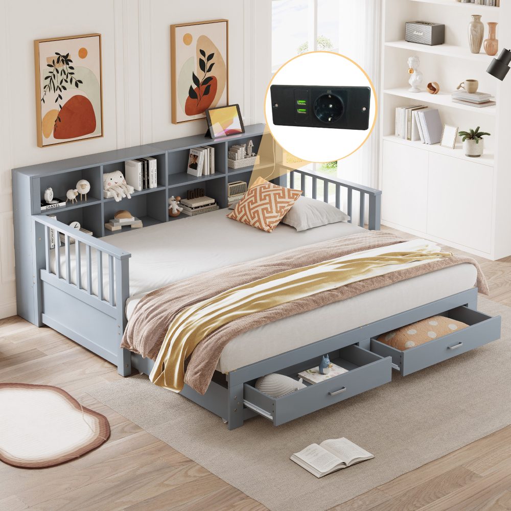 Cama nido 90/180x190cm con enchufe y cajones madera – gris