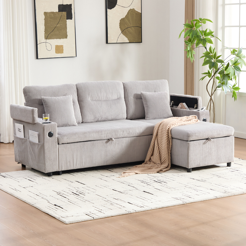 Sofá cama chaise longue pana gris claro 3 plazas con almacenaje y usb c