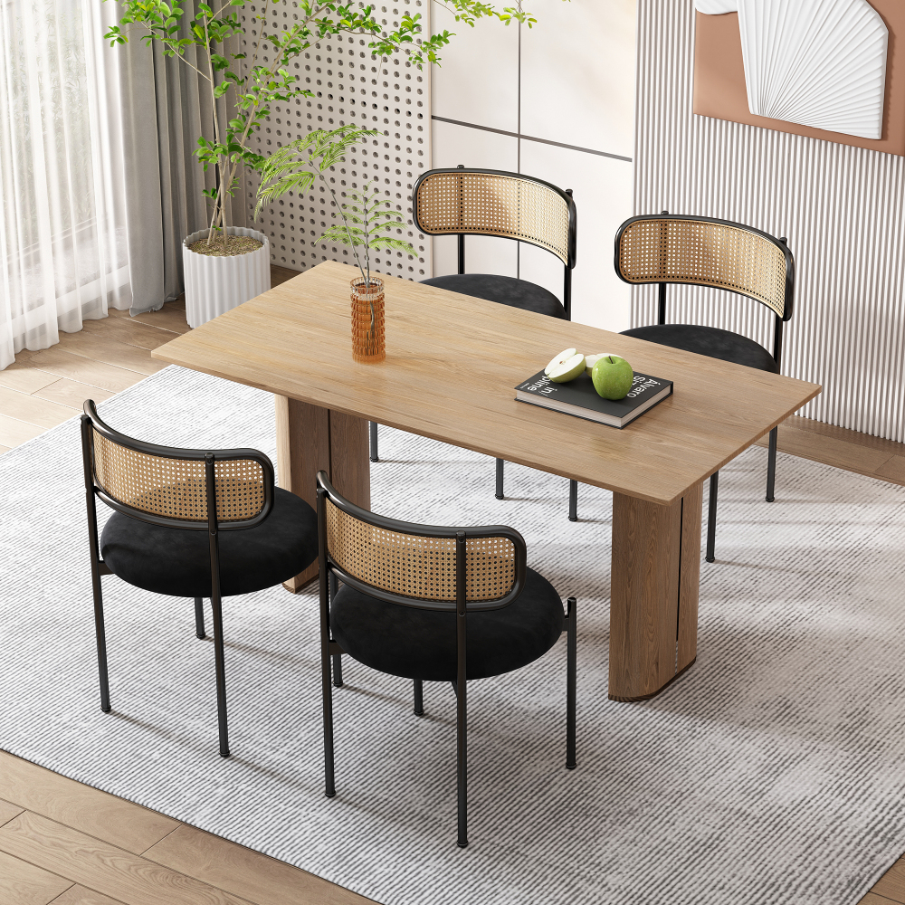 Conjunto de sillas terciopelo negro set de 4 con ratán y patas metálicas