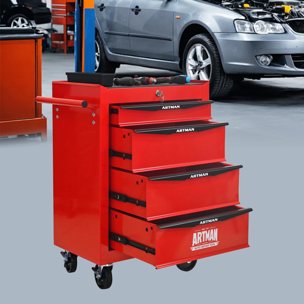 Carro de herramientas con 4 cajones y ruedas acero rojo negro 77,5x60x33cm