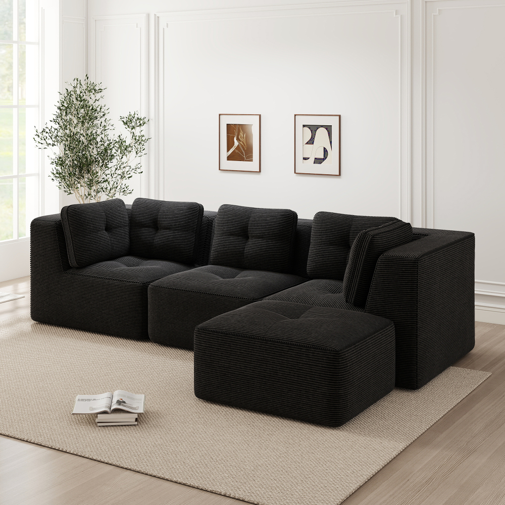 Sofá en l modular de pana negro 3 plazas con otomana sin montaje