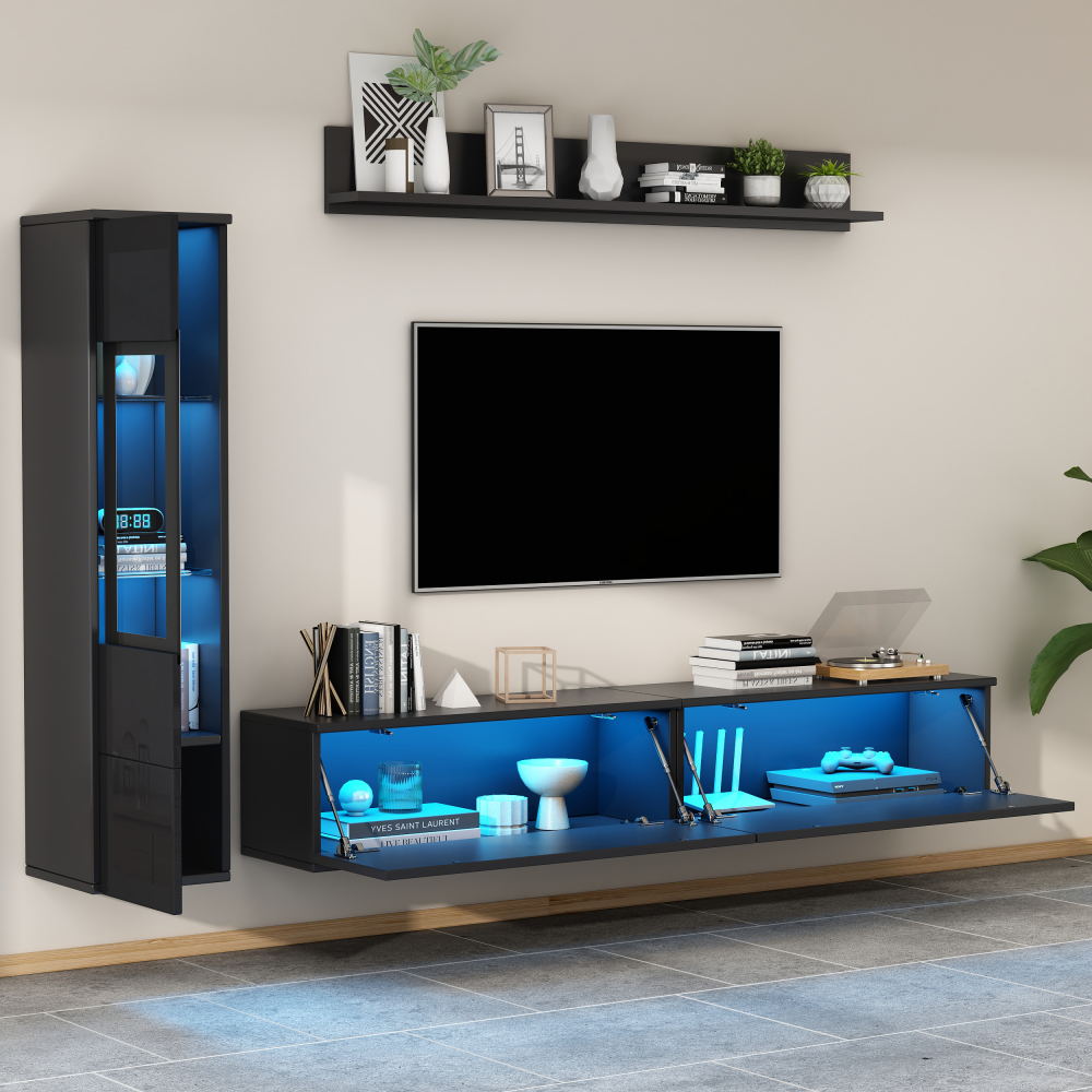 Conjunto de mueble de tv con vitrina y estante LED negro 180x33x30cm