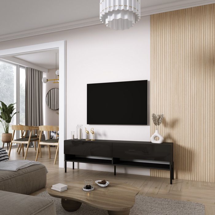 Mueble tv - negro mate/brillante - patas de metal - 170 x 32 x 52 cm