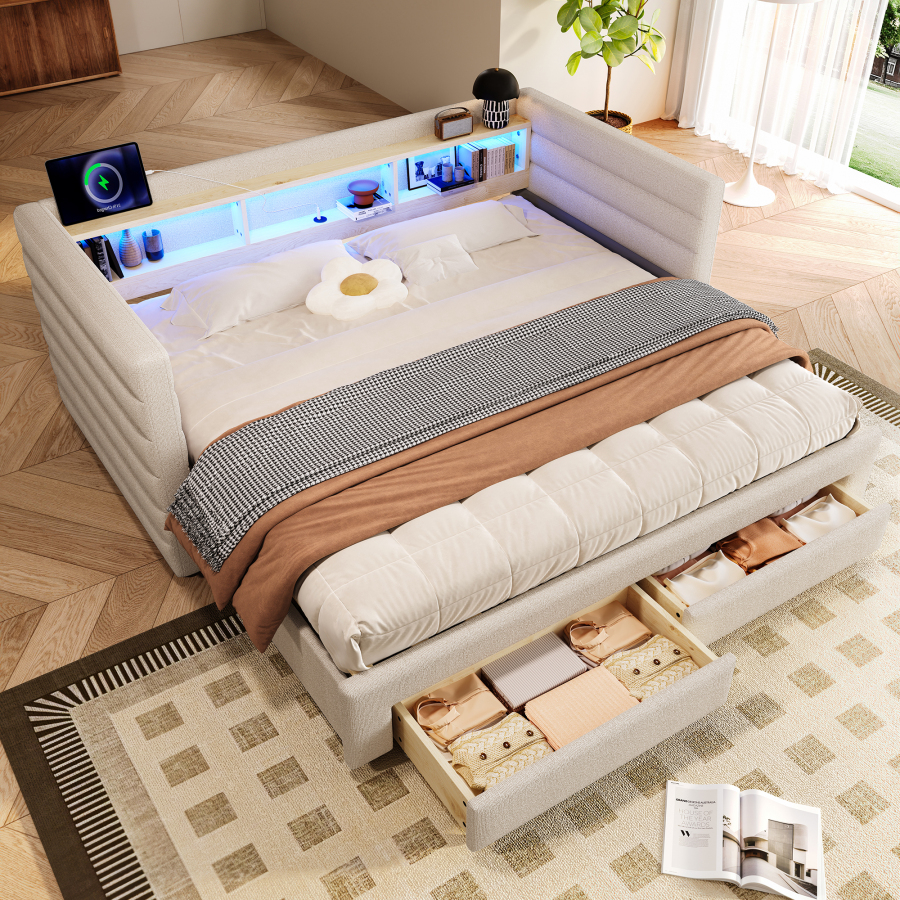 Cama nido 90x190 cm con cajones, LED y carga usb terciopelo – beige