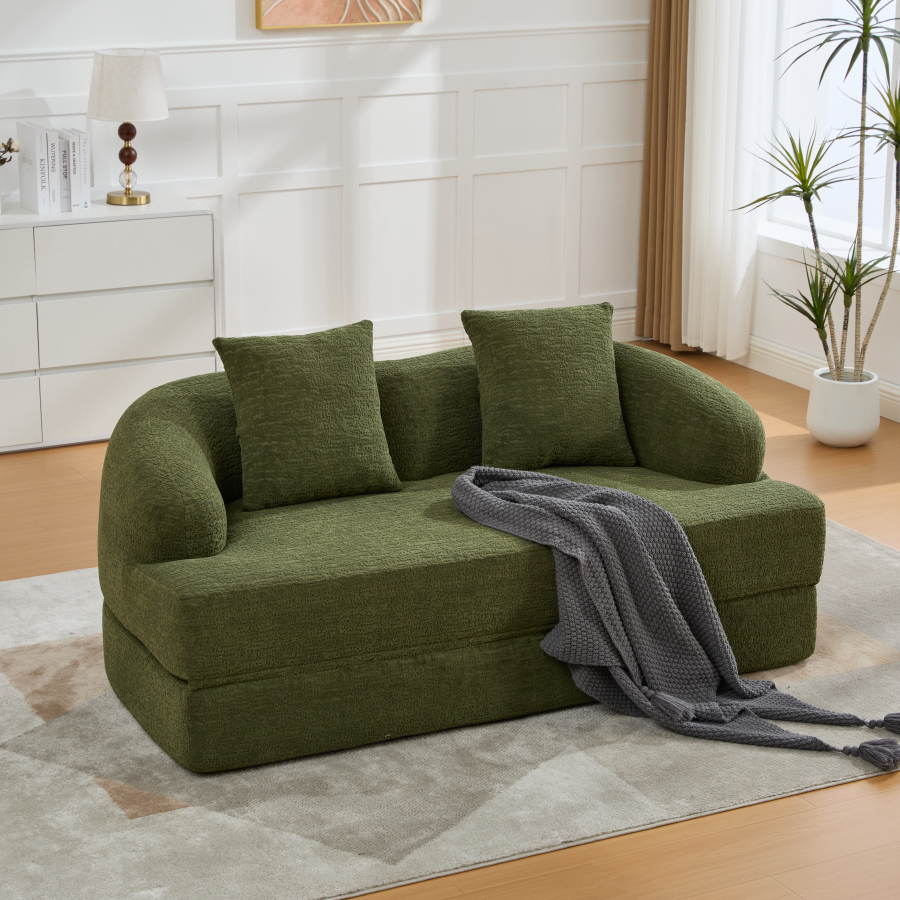 Sofá cama 2 plazas chenilla verde con 2 cojines y diseño plegable