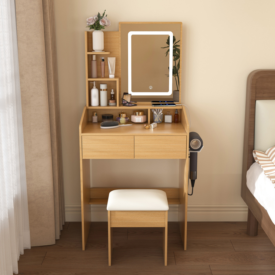Tocador con espejo LED regulable y 2 cajones madera natural 130x60x36cm