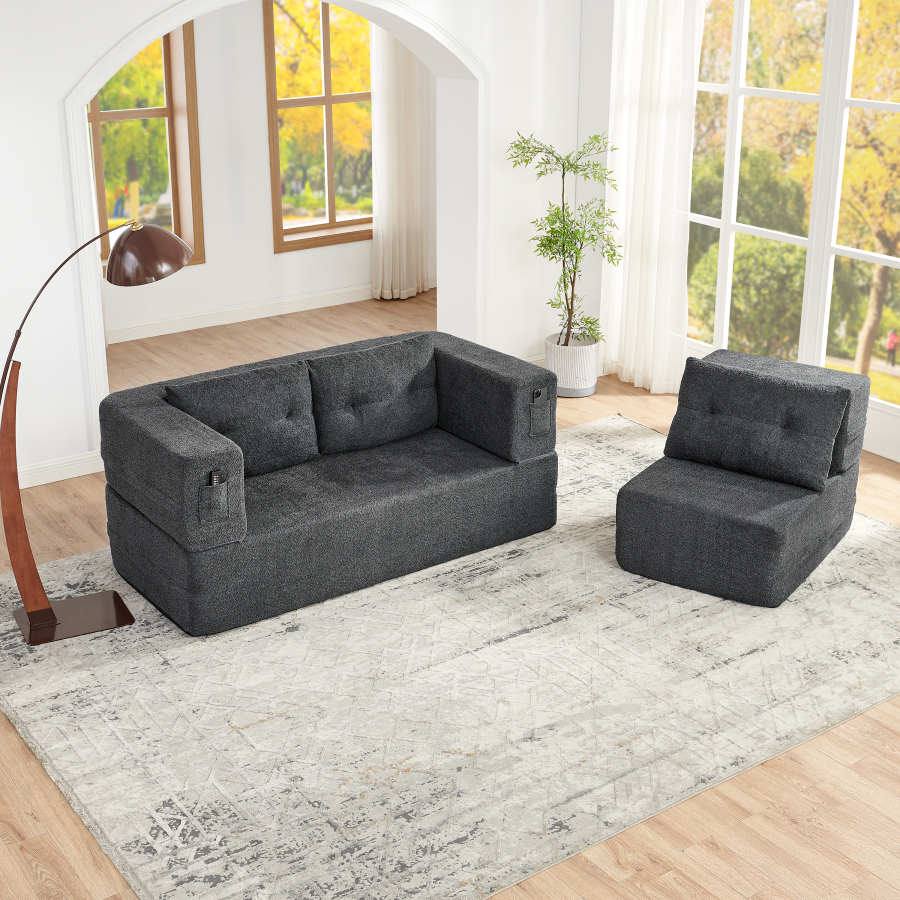 Sofá Cama Modular Con Sillón Plegable Tela Gris Oscuro 2 Plazas