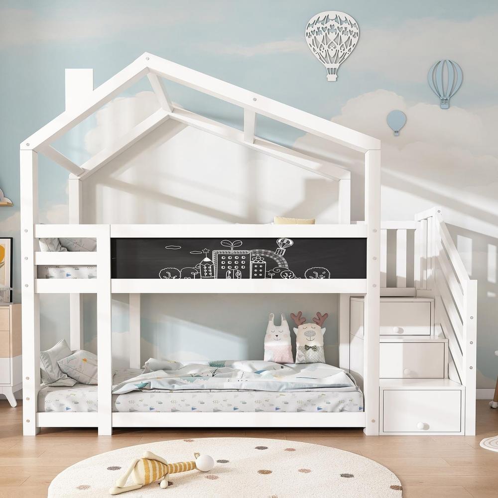 Cama loft infantil blanca 90x200cm, casita árbol, 3 huecos sin colchón