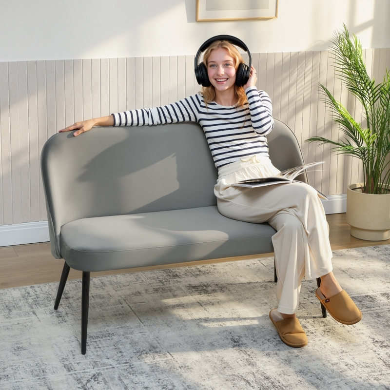 Sofá 2 plazas minimalista terciopelo gris estructura metal madera 127 cm