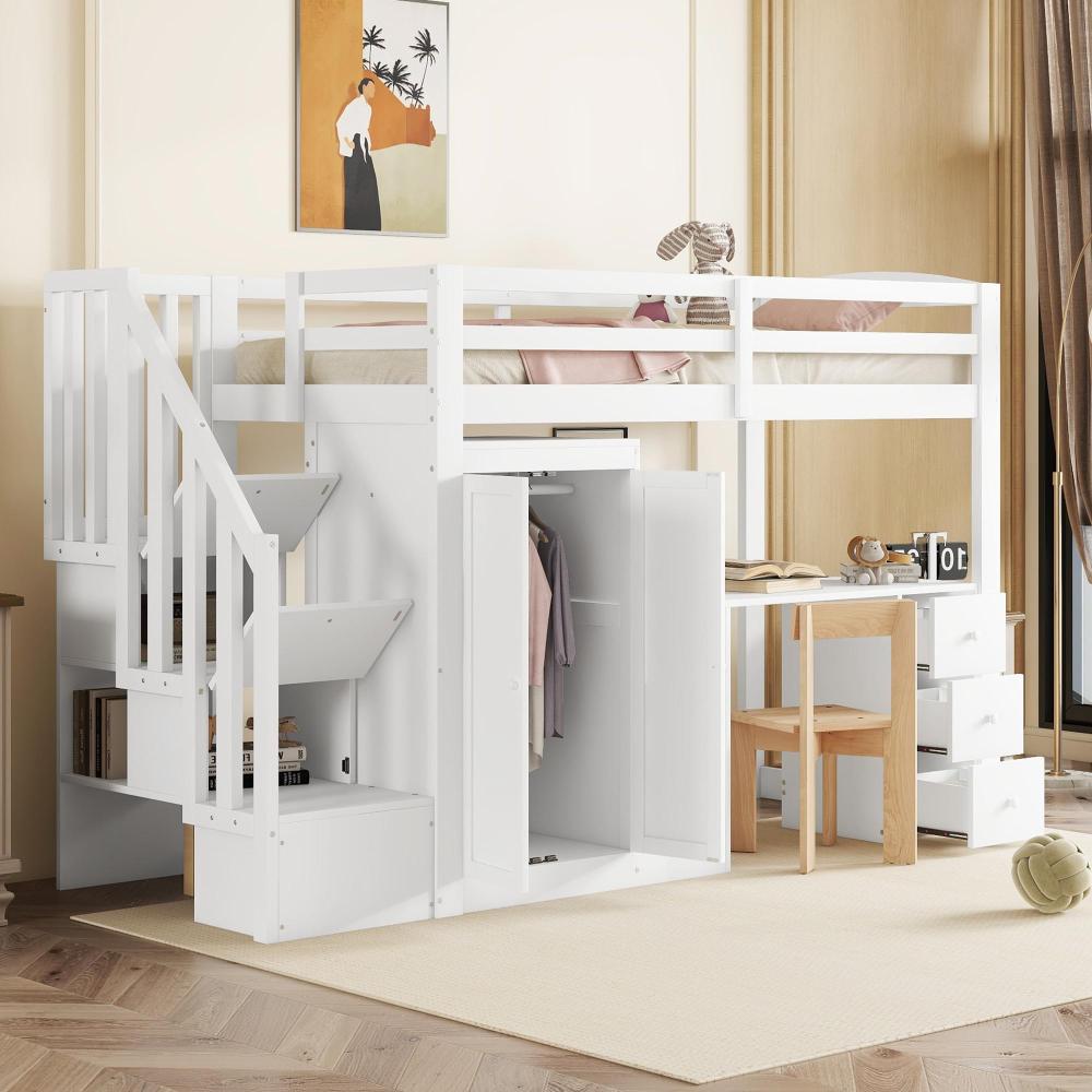 Cama alta 90x200cm con armario escalera y escritorio pino y mdf – blanco