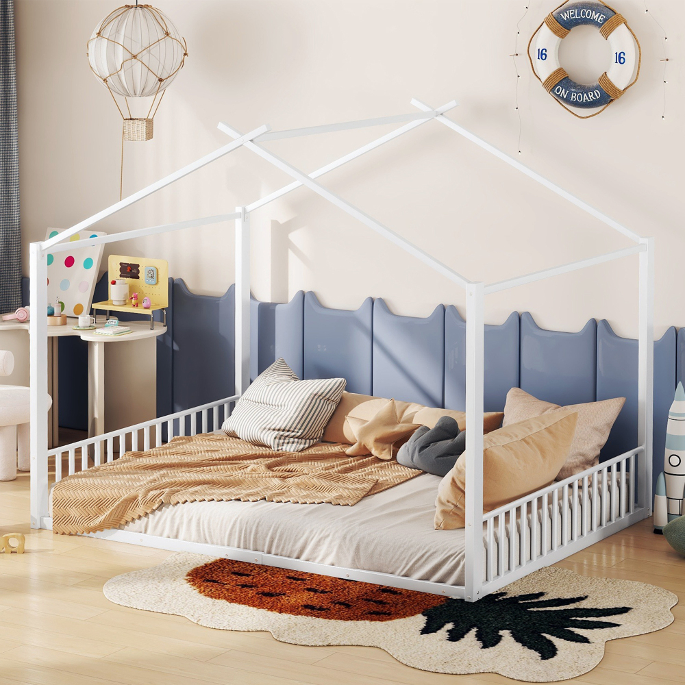 Cama infantil 140x200cm estructura metálica en forma de casa – color blanco