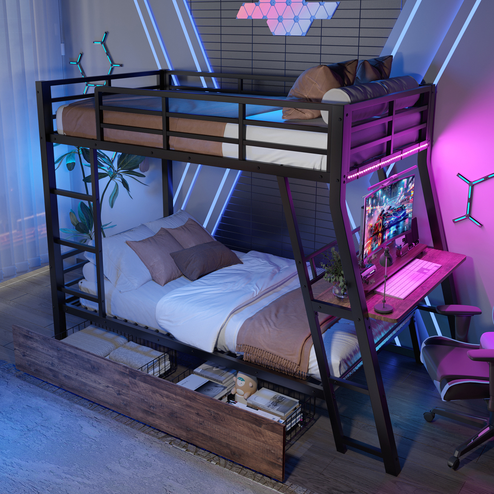 Cama alta 90x200cm con escritorio, LED y cajones metal y mdf – color negro