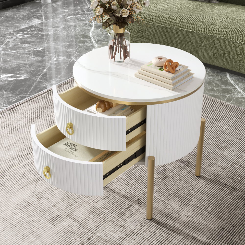 Mesa auxiliar con 2 cajones mdf blanco y dorado 51x50x50cm