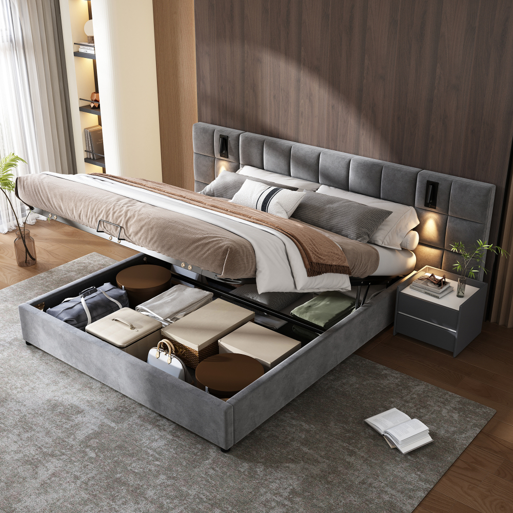 Cama tapizada 180x200 cm con almacenaje hidráulico y usb acero – color gris