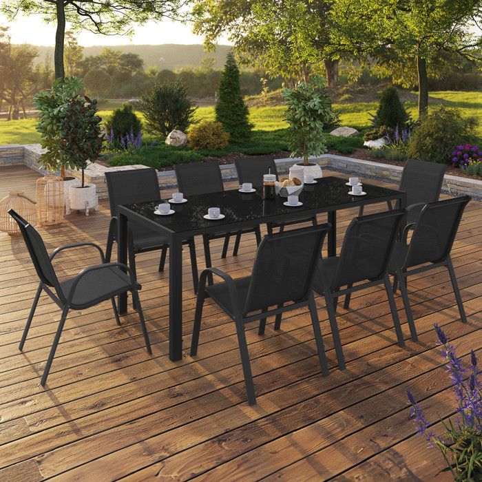 Conjunto de jardín de metal negro - 8 sillas - 190 cm
