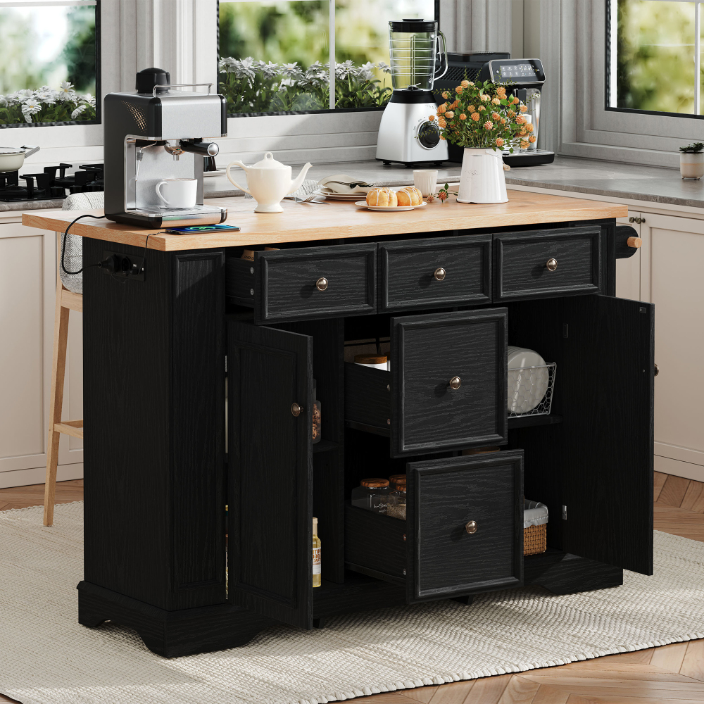 Isla de cocina extensible con 5 cajones y enchufes negro 92x130,5x40-65cm