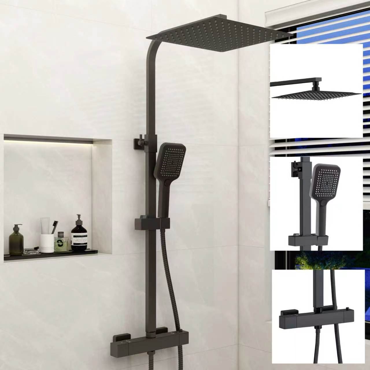 Aica columna de ducha termostática alcachofa lluvia cuadrada 30x30 negro