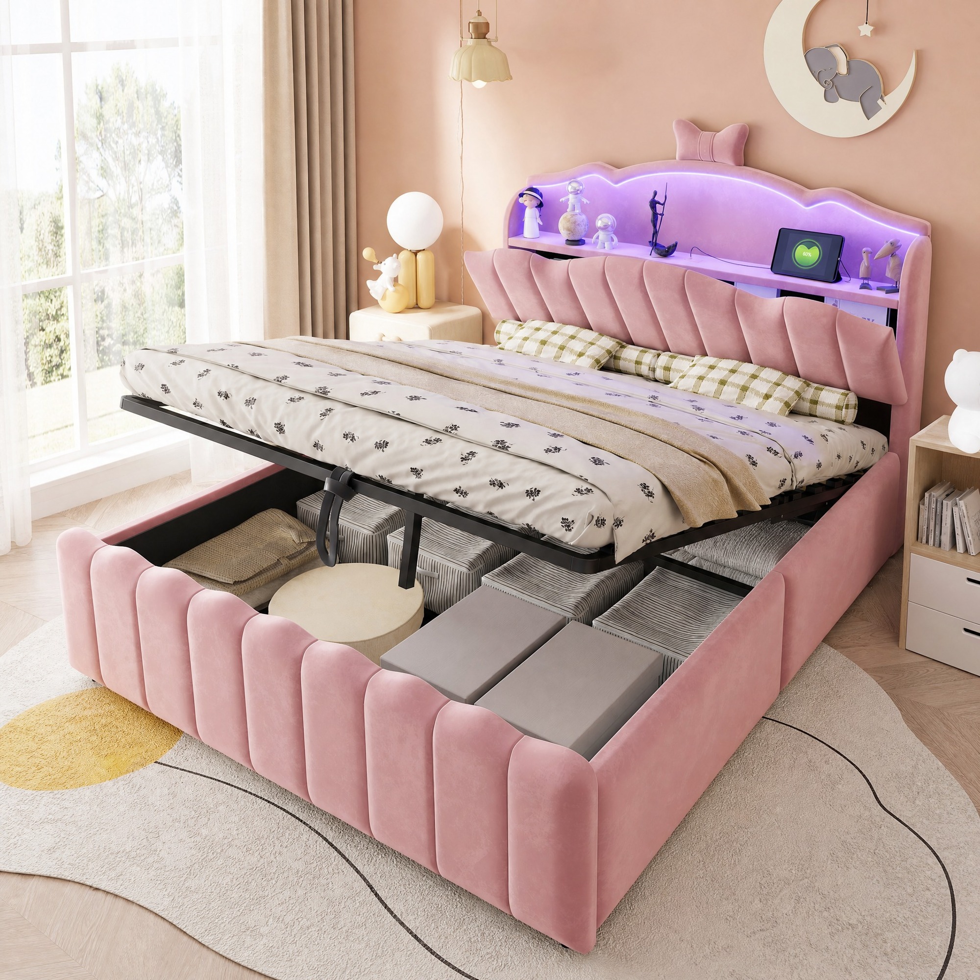 Cama tapizada infantil 140x200cm con almacenaje LED y usb c terciopelo rosa