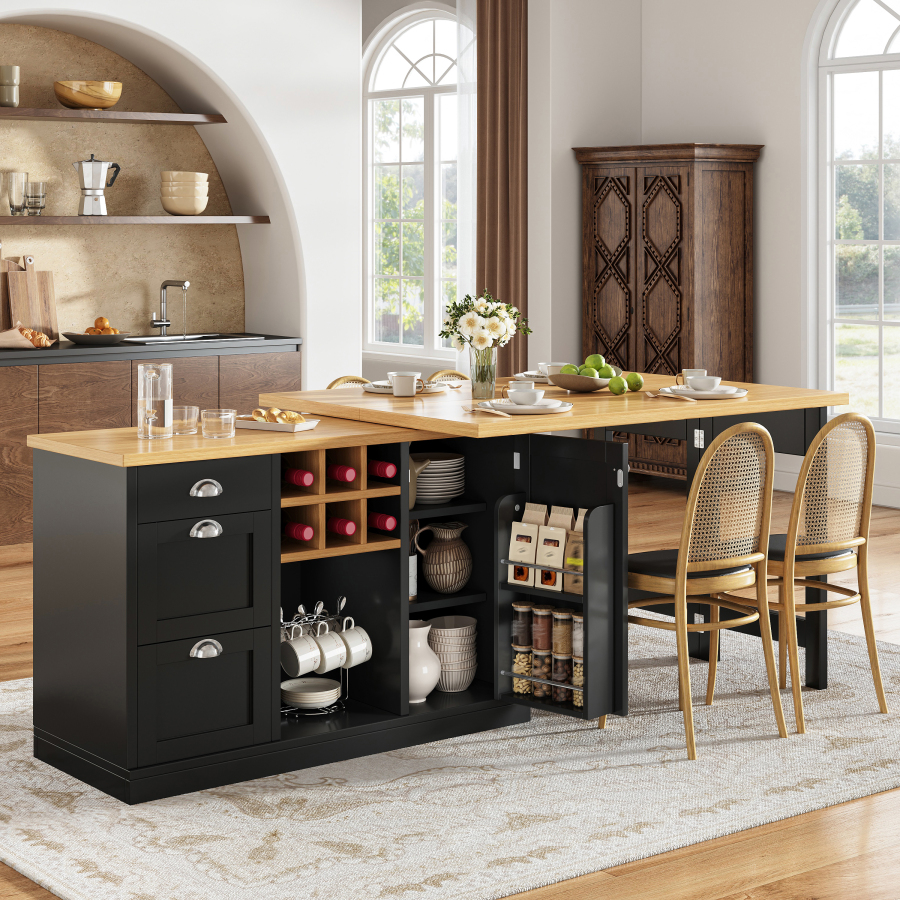 Isla de cocina extensible con almacenaje mdf negro 74x120-197x40cm