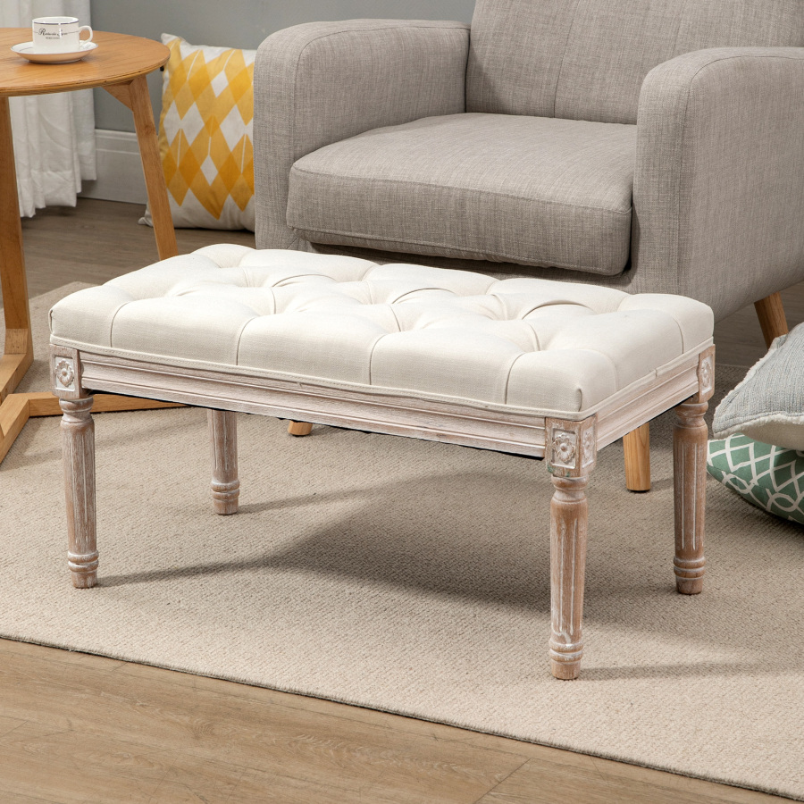 Otomana tapizada poliéster blanco crema para dormitorio y salón 80x40x43cm