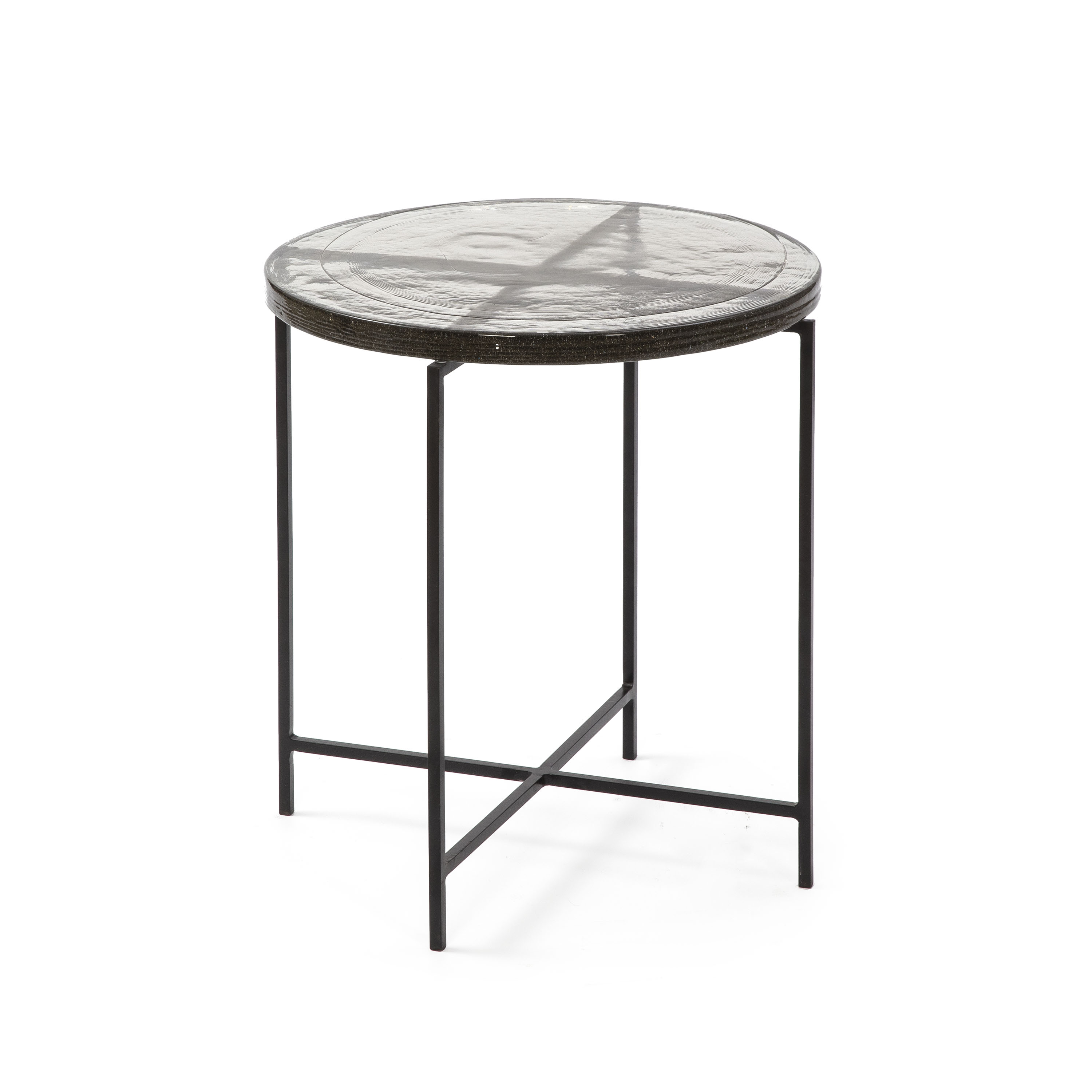Mesa auxiliar 46x46x46 vidrio rustico, metal negro