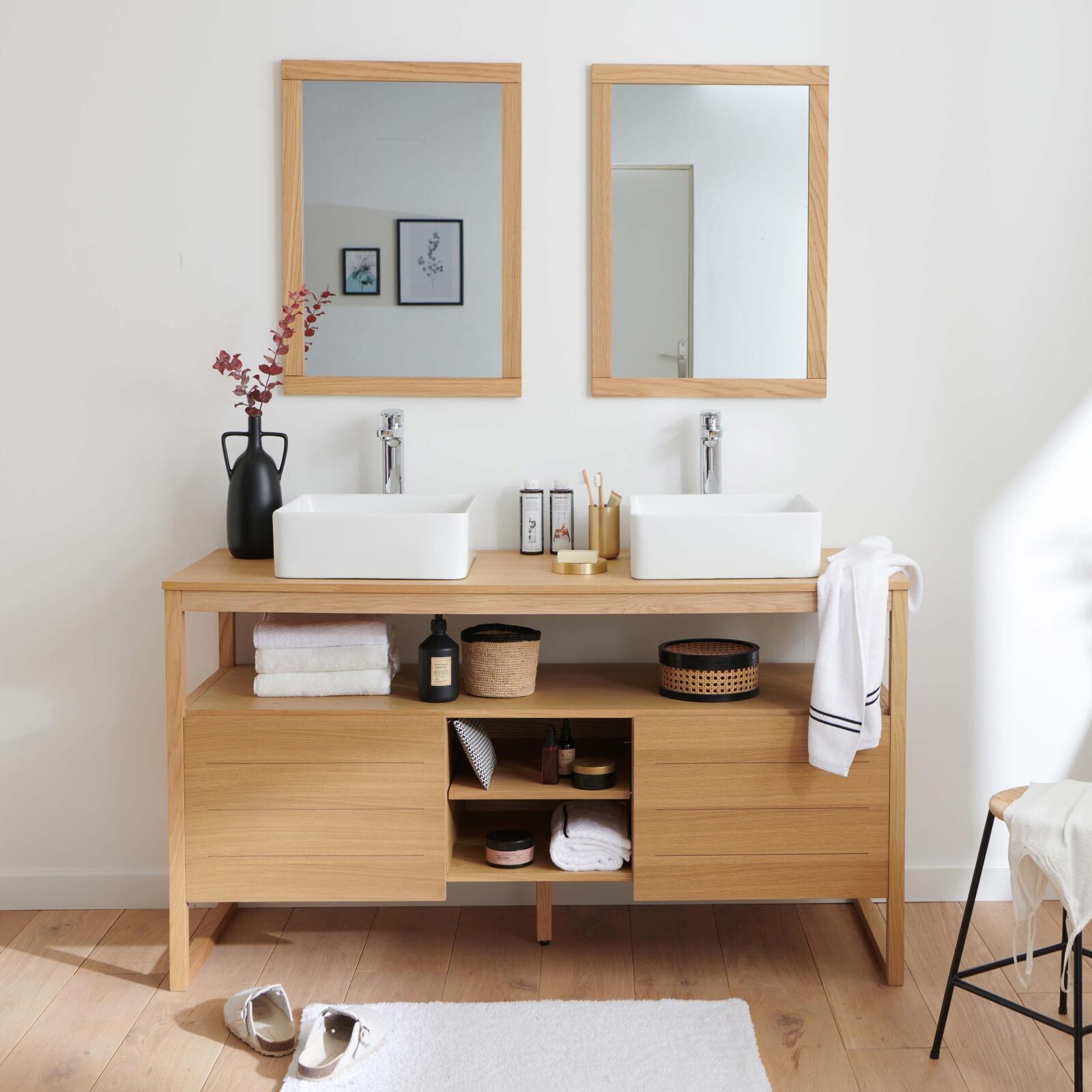 Mueble doble 140cm roble lavabos cuadrados grifos espejo atoll