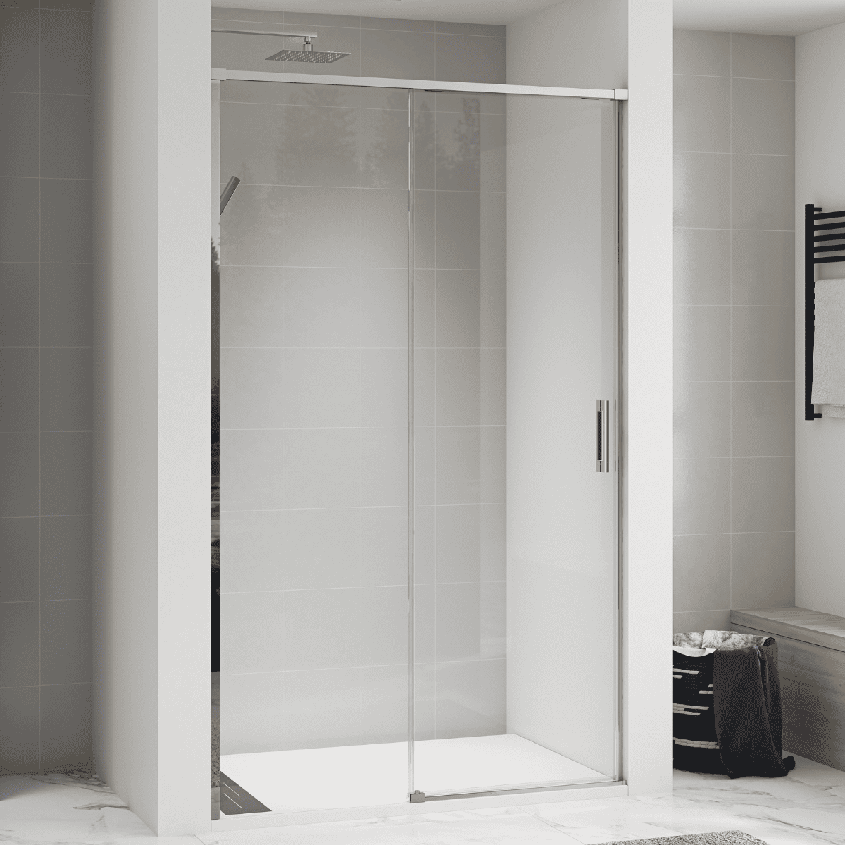 Mampara ducha frontal 1 puerta 1 fijo corredera| cromo brillo 180 cm
