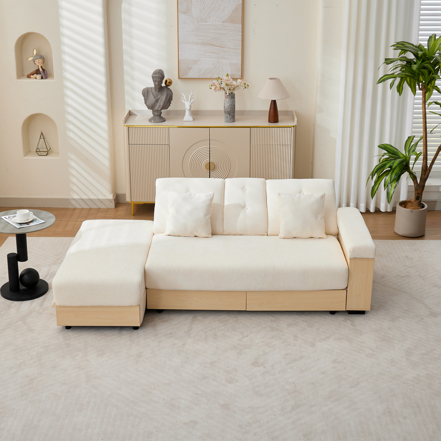 Sofá cama chenilla beige 3 plazas con almacenaje y portavasos
