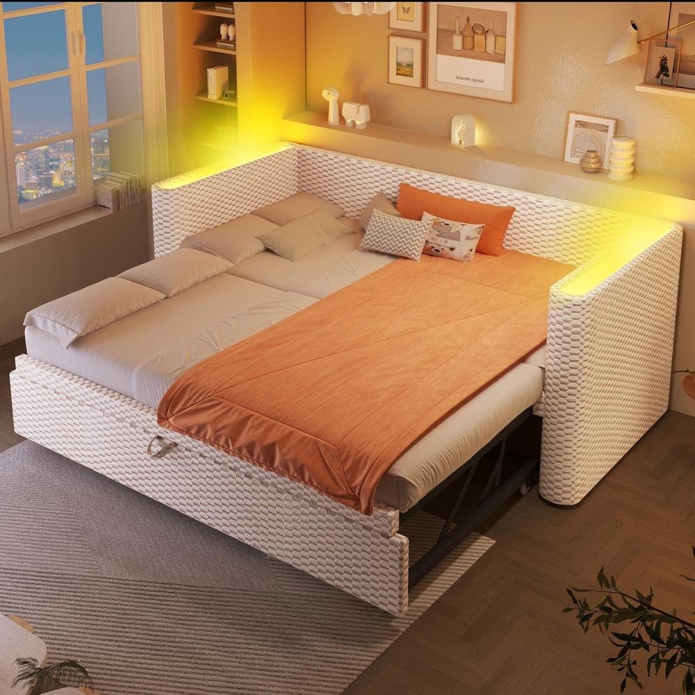 Cama extensible 90x200/180x200cm, sofá cama con LED y somier, beige