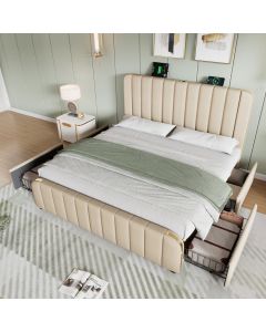 Cama tapizada 160x200cm con cajones y usb lino – beige