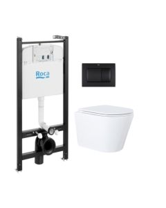 Roca active y pulsador negro y wc susp. Orion blanco tapa fina 51,5 cm kp
