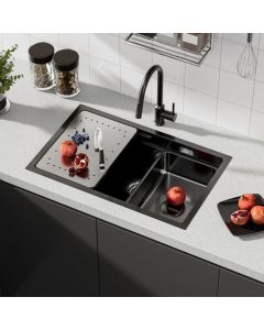 Fregadero de cocina 70x44 cm, 1,5 senos, escurridor, negro antracita