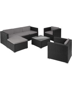 Conjunto de ratán con 2 sillones y tablero de vidrio, negro