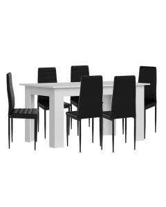 Pack mesa de comedor o cocina blanco + 6 sillas en polipiel/metal negro