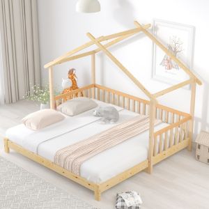 Cama casita extensible 90x200cm a 180x200cm madera maciza – natural
