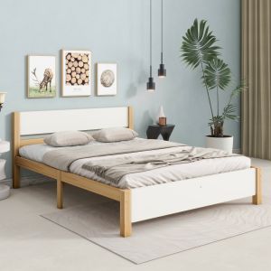 Cama doble 140x200cm con lamas y pies centrales madera – blanco